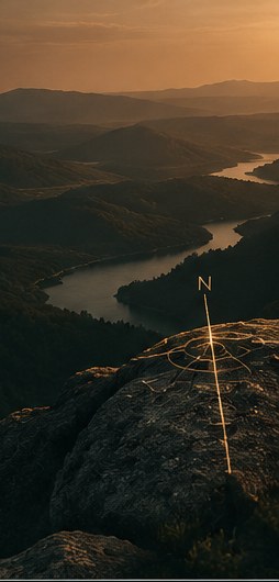 Vista de um vale ao amanhecer, com uma rosa dos ventos desenhada sobre a rocha